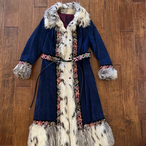 Vintage Bohemian Penny Lane Embroidered Blue Suede Long Coat - Picture 1 of 8